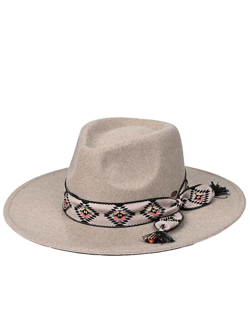 Front of a size one-size-fits-all Women'S Aztec Trim Band Vegan Felt Panama Hat In Dark Taupe in Dark Taupe by C.C. | dia_product_style_image_id:347765